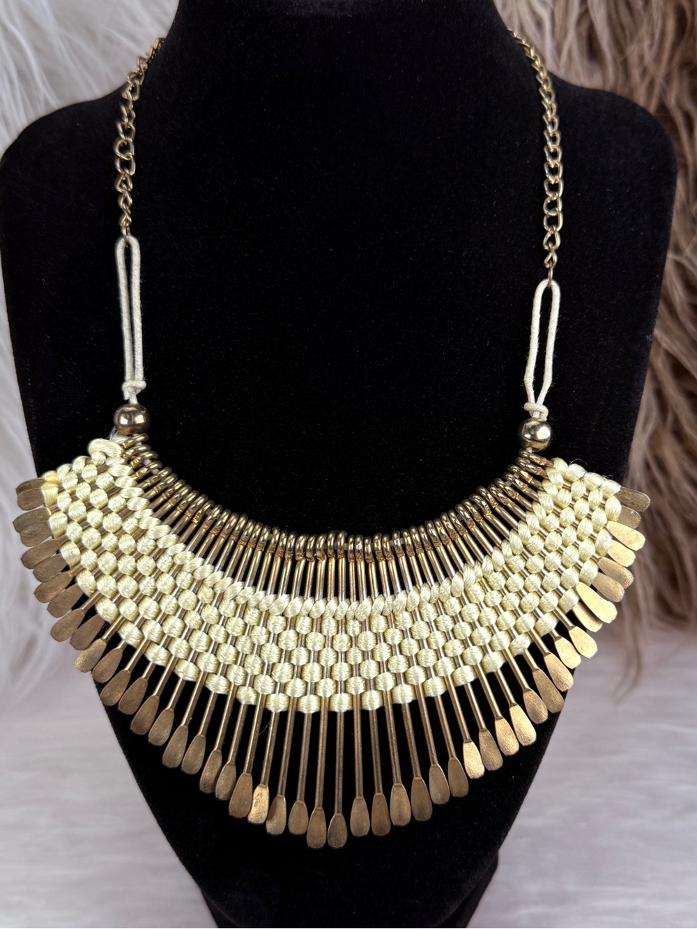 Vintage Boho Tribal Fringe Bib Necklace Woven Cord Gold Tone Statement Collar